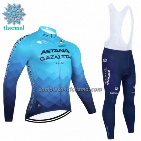 Completo Maglia ML + Pantaloncino con bretelle ML 2023 Astana Qazaqstan Winter Invernale Blu